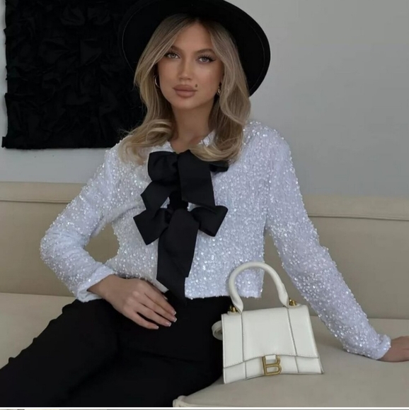 H&M viral white sequin black bow ribbon tie front cardigan sweater - Picture 15 of 16